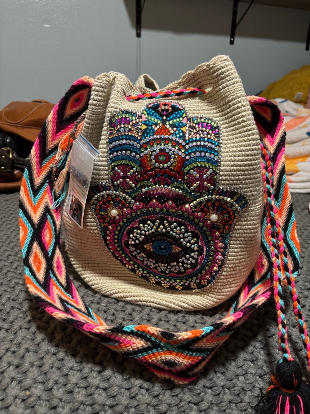 NWT 💯 Genuine Wayuu Mochila Crocheted Rhinestone-embellished Hamsa 🪬